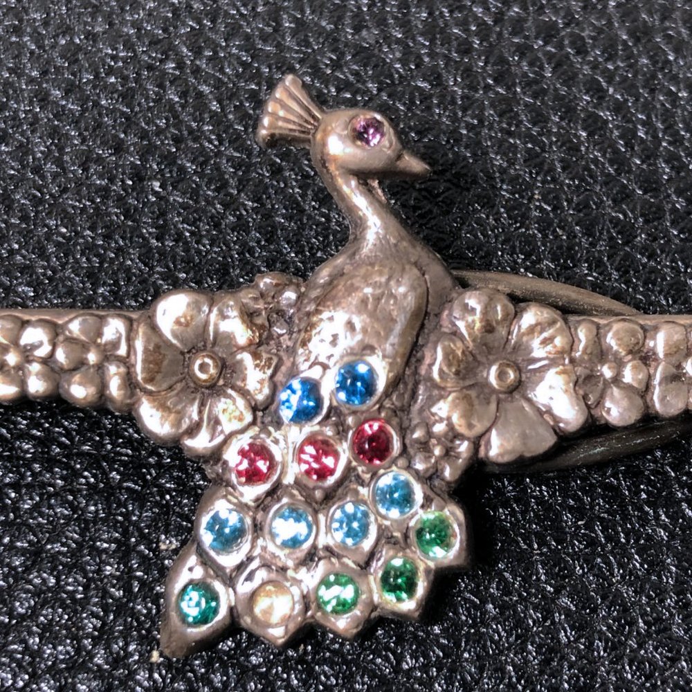 Vintage Sterling Silver Peacock Tie Clip with Colored Rhinestones by Manleigh